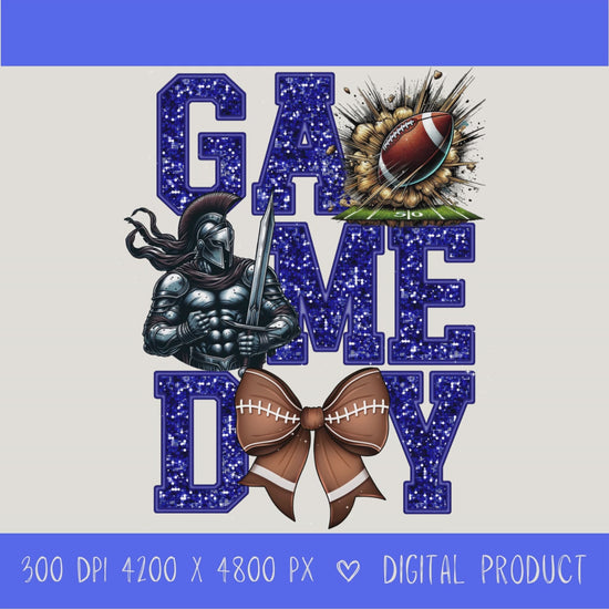 High-resolution Game Day Warrior football PNG digital download with transparent background, blue glitter varsity lettering, football graphic, pirate mascot, football bow, 4200 x 4800 pixels, and 300 DPI for sublimation and printable crafts.