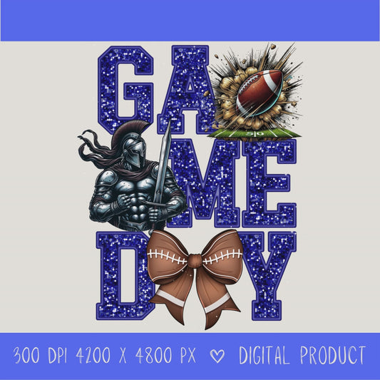 High-resolution Game Day Warrior football PNG digital download with transparent background, blue glitter varsity lettering, football graphic, pirate mascot, football bow, 4200 x 4800 pixels, and 300 DPI for sublimation and printable crafts.