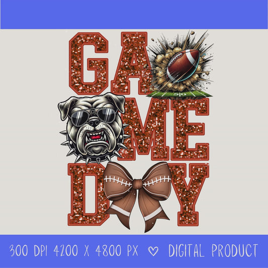 High-resolution Game Day Bulldogs football PNG digital download with transparent background, orange glitter varsity lettering, football graphic, pirate mascot, football bow, 4200 x 4800 pixels, and 300 DPI for sublimation and printable crafts.