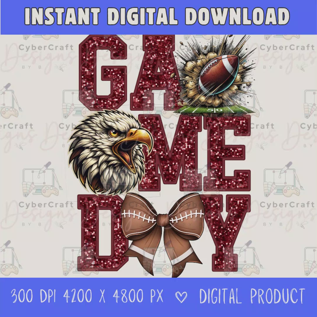 High-resolution Game Day Eagles football PNG digital download with transparent background, maroon glitter varsity lettering, football graphic, pirate mascot, football bow, 4200 x 4800 pixels, and 300 DPI for sublimation and printable crafts.