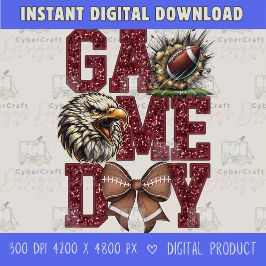 High-resolution Game Day Eagles football PNG digital download with transparent background, maroon glitter varsity lettering, football graphic, pirate mascot, football bow, 4200 x 4800 pixels, and 300 DPI for sublimation and printable crafts.