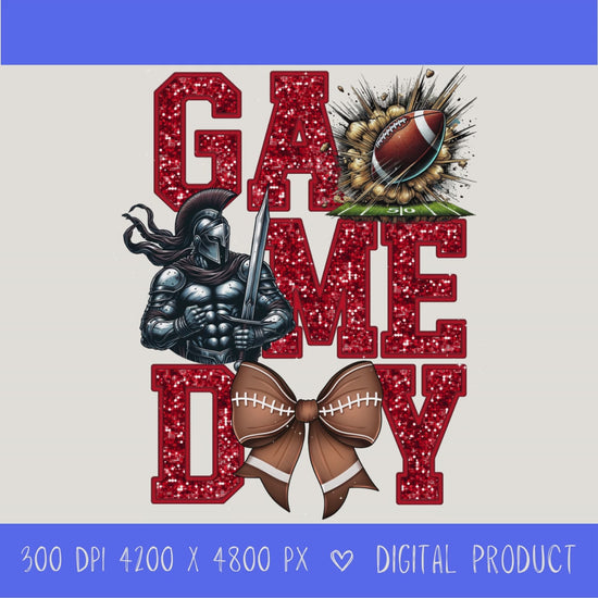 High-resolution Game Day Warrior football PNG digital download with transparent background, red glitter varsity lettering, football graphic, pirate mascot, football bow, 4200 x 4800 pixels, and 300 DPI for sublimation and printable crafts.