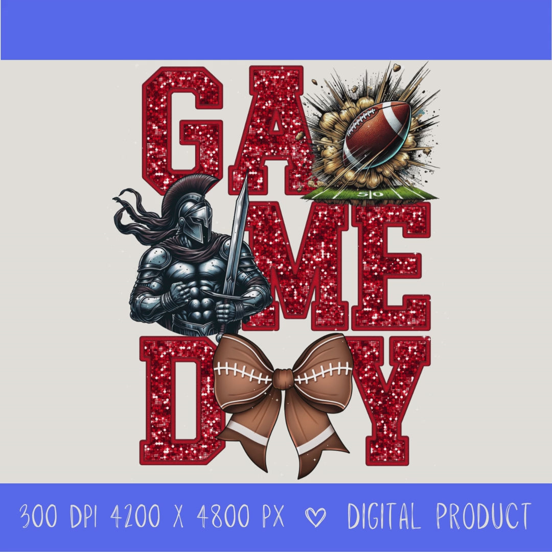 High-resolution Game Day Warrior football PNG digital download with transparent background, red glitter varsity lettering, football graphic, pirate mascot, football bow, 4200 x 4800 pixels, and 300 DPI for sublimation and printable crafts.