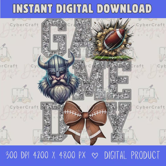 High-resolution Game Day Vikings football PNG digital download with transparent background, silver glitter varsity lettering, football graphic, pirate mascot, football bow, 4200 x 4800 pixels, and 300 DPI for sublimation and printable crafts.