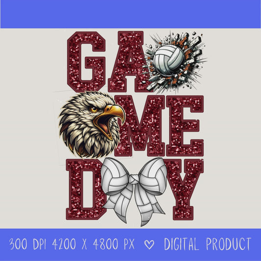 High-resolution Game Day Eagles volleyball PNG digital download with transparent background, maroon glitter varsity lettering, volleyball graphic, eagles mascot, volleyball bow, 4200 x 4800 pixels, and 300 DPI for sublimation and printable crafts.