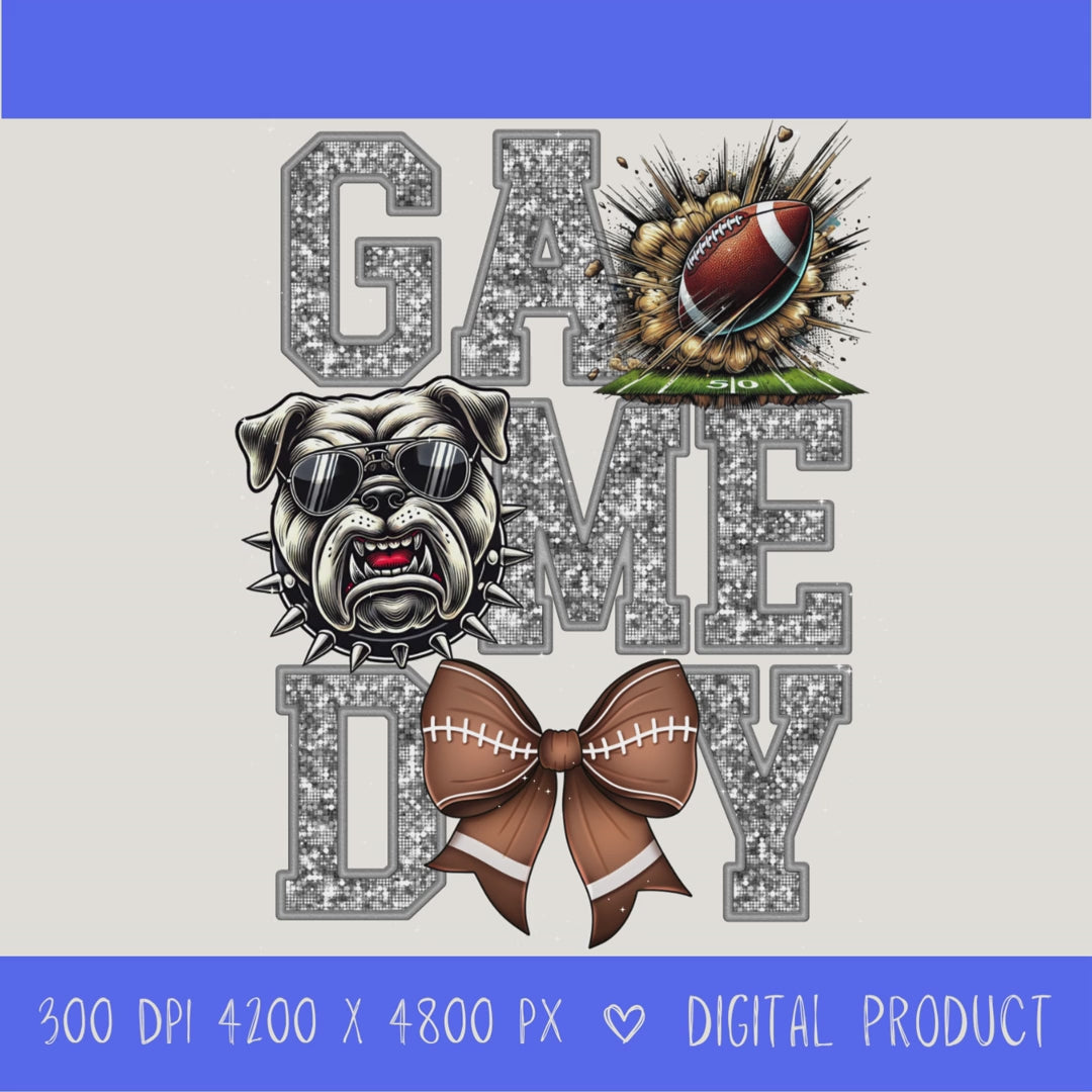 High-resolution Game Day Bulldogs football PNG digital download with transparent background, silver glitter varsity lettering, football graphic, pirate mascot, football bow, 4200 x 4800 pixels, and 300 DPI for sublimation and printable crafts.