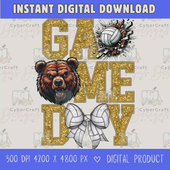 High-resolution Game Day Bears volleyball PNG digital download with transparent background, gold glitter varsity lettering, volleyball graphic, bears mascot, volleyball bow, 4200 x 4800 pixels, and 300 DPI for sublimation and printable crafts.