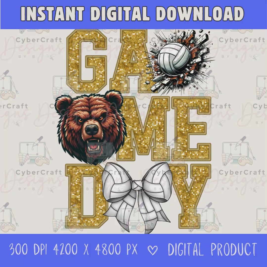 High-resolution Game Day Bears volleyball PNG digital download with transparent background, gold glitter varsity lettering, volleyball graphic, bears mascot, volleyball bow, 4200 x 4800 pixels, and 300 DPI for sublimation and printable crafts.