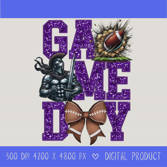 High-resolution Game Day Warrior football PNG digital download with transparent background, purple glitter varsity lettering, football graphic, pirate mascot, football bow, 4200 x 4800 pixels, and 300 DPI for sublimation and printable crafts.