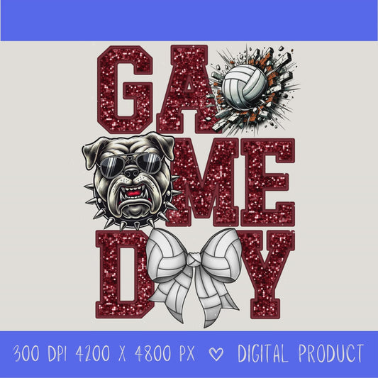 High-resolution Game Day Bulldog  volleyball PNG digital download with transparent background, maroon glitter varsity lettering, volleyball graphic, bears mascot, volleyball bow, 4200 x 4800 pixels, and 300 DPI for sublimation and printable crafts.