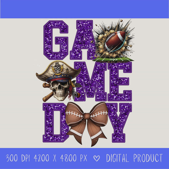 High-resolution Game Day Pirates football PNG digital download with transparent background, purple glitter varsity lettering, football graphic, pirate mascot, football bow, 4200 x 4800 pixels, and 300 DPI for sublimation and printable crafts.