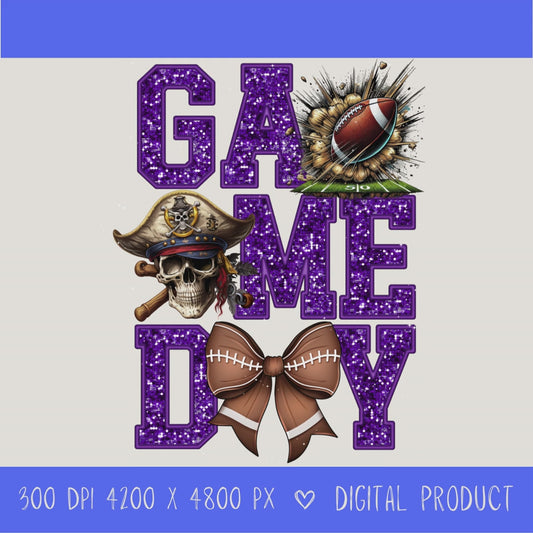 High-resolution Game Day Pirates football PNG digital download with transparent background, purple glitter varsity lettering, football graphic, pirate mascot, football bow, 4200 x 4800 pixels, and 300 DPI for sublimation and printable crafts.