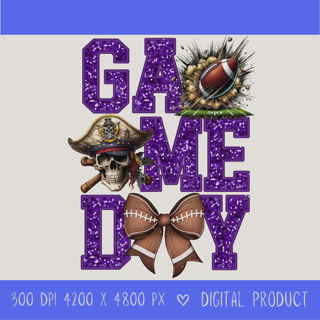 High-resolution Game Day Pirates football PNG digital download with transparent background, purple glitter varsity lettering, football graphic, pirate mascot, football bow, 4200 x 4800 pixels, and 300 DPI for sublimation and printable crafts.