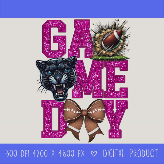 High-resolution Game Day Pirates football PNG digital download with transparent background, pink glitter varsity lettering, football graphic, pirate mascot, football bow, 4200 x 4800 pixels, and 300 DPI for sublimation and printable crafts.
