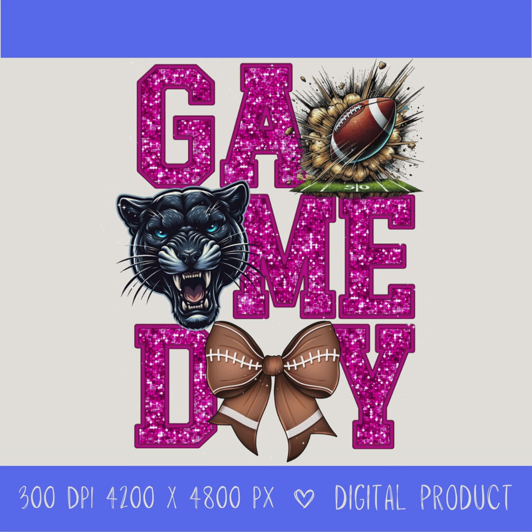 High-resolution Game Day Pirates football PNG digital download with transparent background, pink glitter varsity lettering, football graphic, pirate mascot, football bow, 4200 x 4800 pixels, and 300 DPI for sublimation and printable crafts.