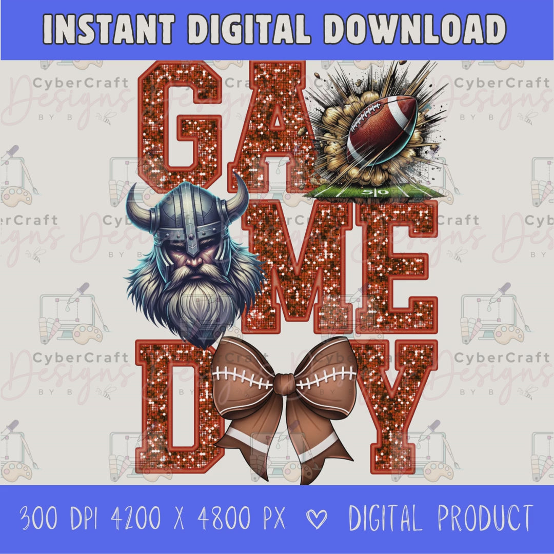 High-resolution Game Day Vikings football PNG digital download with transparent background, orange glitter varsity lettering, football graphic, pirate mascot, football bow, 4200 x 4800 pixels, and 300 DPI for sublimation and printable crafts.