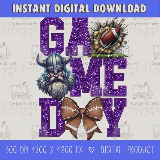 High-resolution Game Day Vikings football PNG digital download with transparent background, purple glitter varsity lettering, football graphic, pirate mascot, football bow, 4200 x 4800 pixels, and 300 DPI for sublimation and printable crafts.