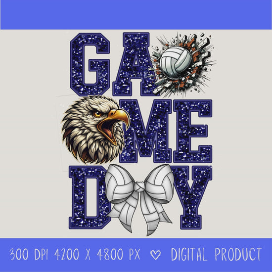 High-resolution Game Day Eagles volleyball PNG digital download with transparent background, navy glitter varsity lettering, volleyball graphic, eagles mascot, volleyball bow, 4200 x 4800 pixels, and 300 DPI for sublimation and printable crafts.
