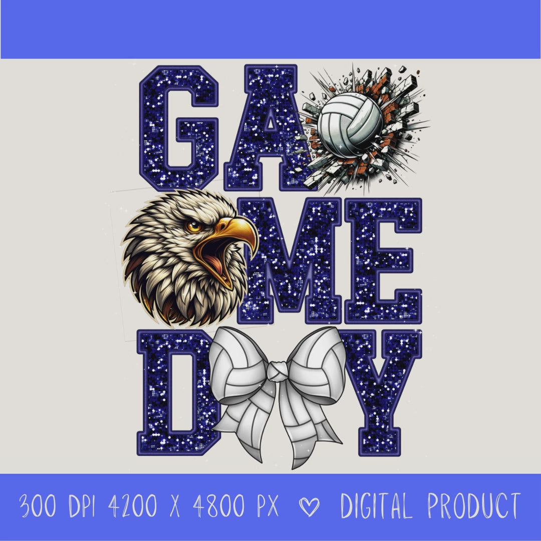 High-resolution Game Day Eagles volleyball PNG digital download with transparent background, navy glitter varsity lettering, volleyball graphic, eagles mascot, volleyball bow, 4200 x 4800 pixels, and 300 DPI for sublimation and printable crafts.

