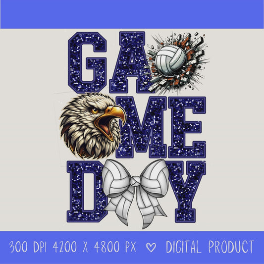 High-resolution Game Day Eagles volleyball PNG digital download with transparent background, navy glitter varsity lettering, volleyball graphic, eagles mascot, volleyball bow, 4200 x 4800 pixels, and 300 DPI for sublimation and printable crafts.
