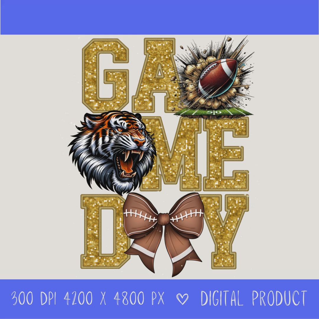 High-resolution Game Day Tigers football PNG digital download with transparent background, gold glitter varsity lettering, football graphic, tiger mascot, football bow, 4200 x 4800 pixels, and 300 DPI for sublimation and printable crafts.