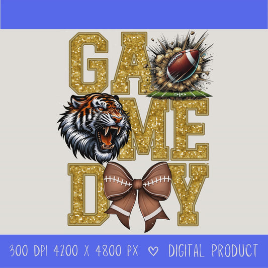 High-resolution Game Day Tigers football PNG digital download with transparent background, gold glitter varsity lettering, football graphic, tiger mascot, football bow, 4200 x 4800 pixels, and 300 DPI for sublimation and printable crafts.