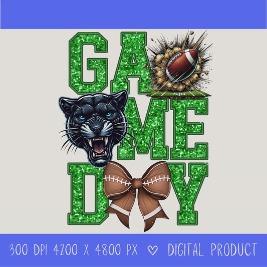 High-resolution Game Day Pirates football PNG digital download with transparent background, green glitter varsity lettering, football graphic, pirate mascot, football bow, 4200 x 4800 pixels, and 300 DPI for sublimation and printable crafts.