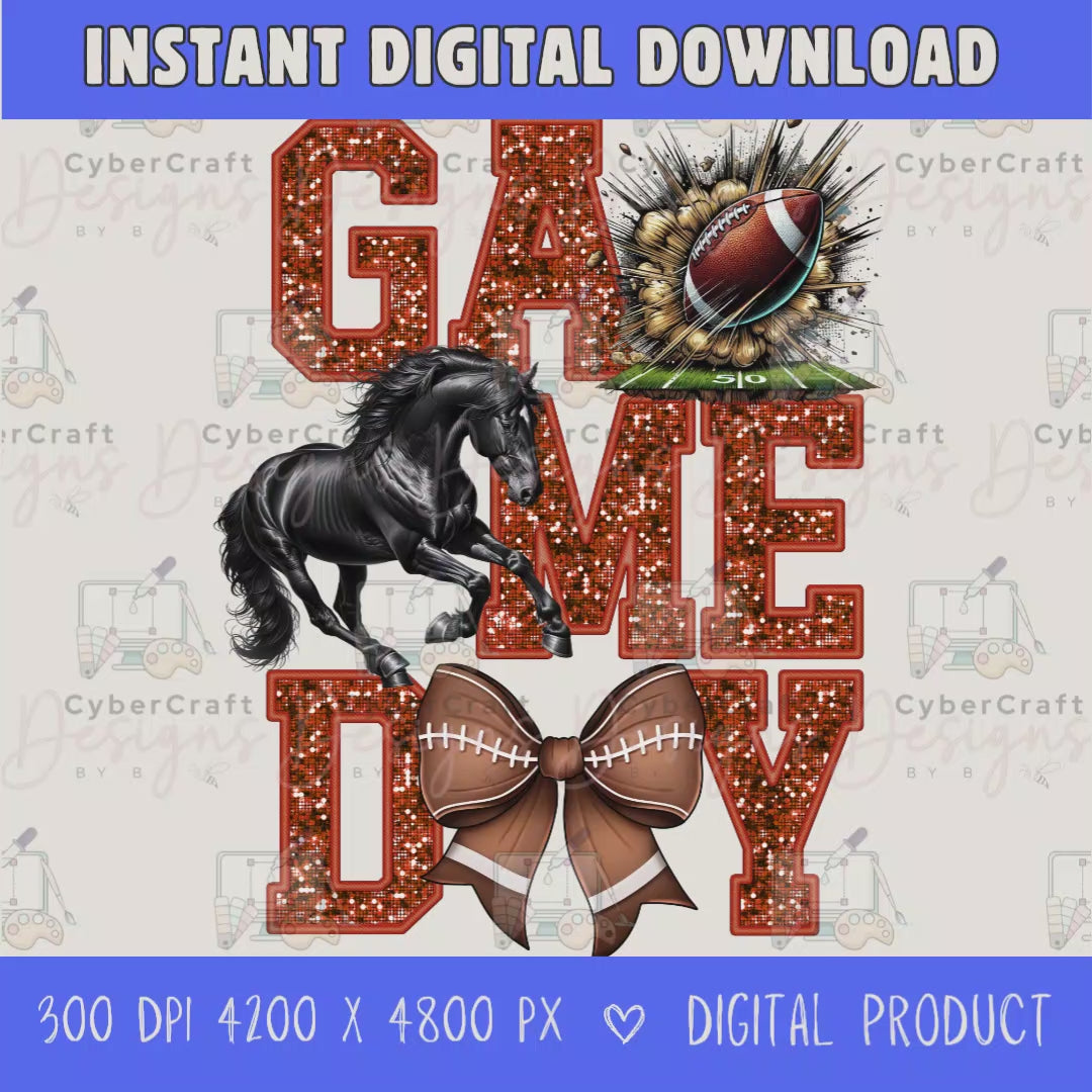 High-resolution Game Day Mustangs football PNG digital download with transparent background, orange glitter varsity lettering, football graphic, pirate mascot, football bow, 4200 x 4800 pixels, and 300 DPI for sublimation and printable crafts.