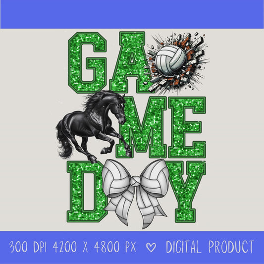 High-resolution Game Day Mustangs volleyball PNG digital download with transparent background, green glitter varsity lettering, volleyball graphic, mustang mascot, volleyball bow, 4200 x 4800 pixels, and 300 DPI for sublimation and printable crafts.