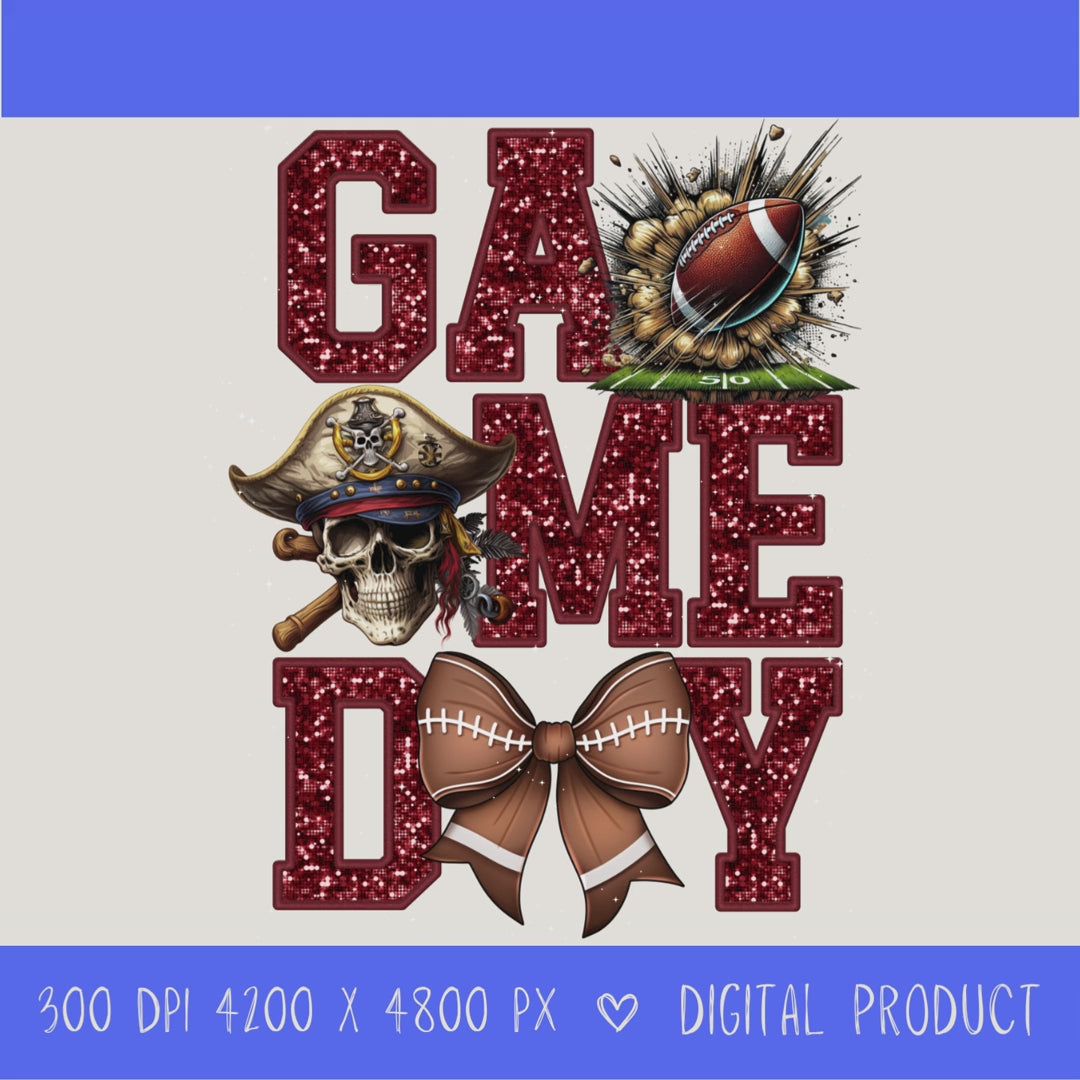 High-resolution Game Day Pirates football PNG digital download with transparent background, Maroon glitter varsity lettering, football graphic, pirate mascot, football bow, 4200 x 4800 pixels, and 300 DPI for sublimation and printable crafts.