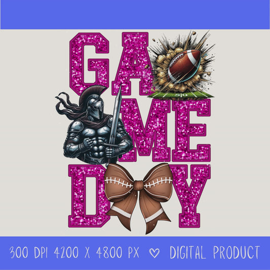 High-resolution Game Day Warrior football PNG digital download with transparent background, pink glitter varsity lettering, football graphic, pirate mascot, football bow, 4200 x 4800 pixels, and 300 DPI for sublimation and printable crafts.