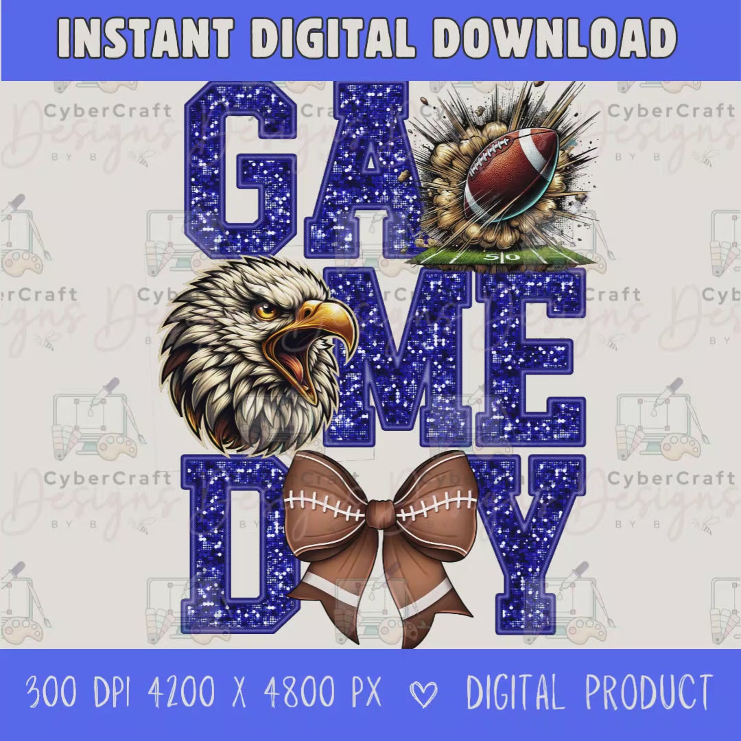 High-resolution Game Day Eagles football PNG digital download with transparent background, blue glitter varsity lettering, football graphic, pirate mascot, football bow, 4200 x 4800 pixels, and 300 DPI for sublimation and printable crafts.