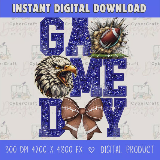 High-resolution Game Day Eagles football PNG digital download with transparent background, blue glitter varsity lettering, football graphic, pirate mascot, football bow, 4200 x 4800 pixels, and 300 DPI for sublimation and printable crafts.
