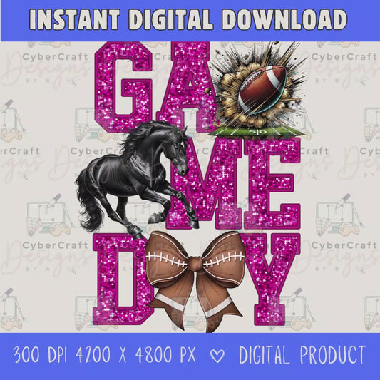 High-resolution Game Day Mustangs football PNG digital download with transparent background, pink glitter varsity lettering, football graphic, pirate mascot, football bow, 4200 x 4800 pixels, and 300 DPI for sublimation and printable crafts.