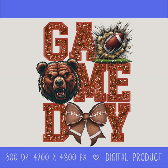 High-resolution Game Day Bears football PNG digital download with transparent background, orange glitter varsity lettering, football graphic, pirate mascot, football bow, 4200 x 4800 pixels, and 300 DPI for sublimation and printable crafts.