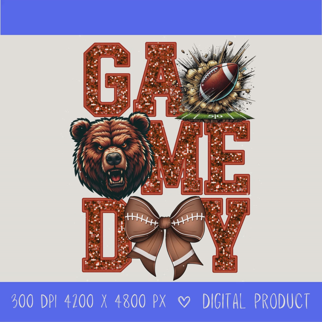 High-resolution Game Day Bears football PNG digital download with transparent background, orange glitter varsity lettering, football graphic, pirate mascot, football bow, 4200 x 4800 pixels, and 300 DPI for sublimation and printable crafts.