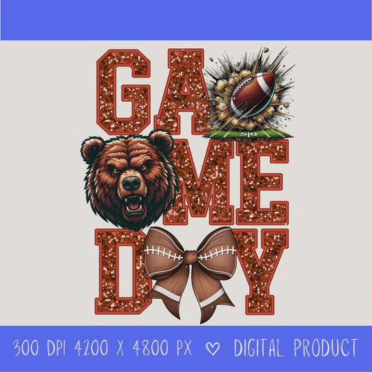 High-resolution Game Day Bears football PNG digital download with transparent background, orange glitter varsity lettering, football graphic, pirate mascot, football bow, 4200 x 4800 pixels, and 300 DPI for sublimation and printable crafts.
