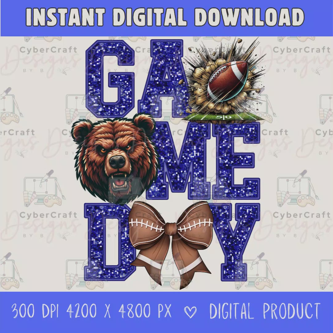 High-resolution Game Day Bears football PNG digital download with transparent background, blue glitter varsity lettering, football graphic, pirate mascot, football bow, 4200 x 4800 pixels, and 300 DPI for sublimation and printable crafts.