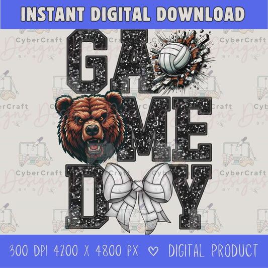 High-resolution Game Day Bears volleyball PNG digital download with transparent background, Black glitter varsity lettering, volleyball graphic, bears mascot, volleyball bow, 4200 x 4800 pixels, and 300 DPI for sublimation and printable crafts.