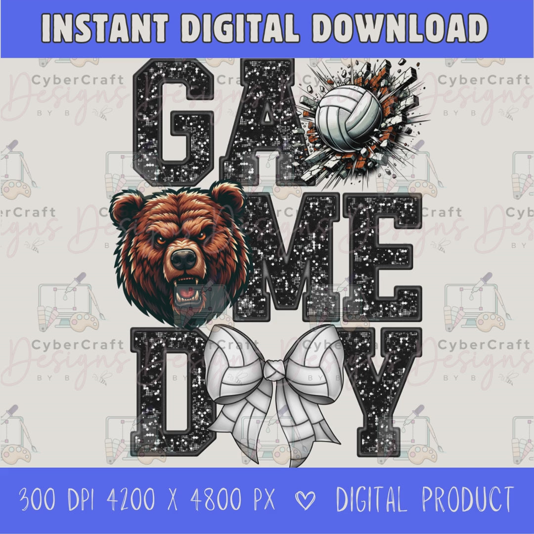 High-resolution Game Day Bears volleyball PNG digital download with transparent background, Black glitter varsity lettering, volleyball graphic, bears mascot, volleyball bow, 4200 x 4800 pixels, and 300 DPI for sublimation and printable crafts.