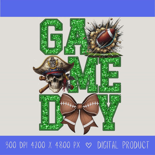 High-resolution Game Day Pirates football PNG digital download with transparent background, green glitter varsity lettering, football graphic, pirate mascot, football bow, 4200 x 4800 pixels, and 300 DPI for sublimation and printable crafts.