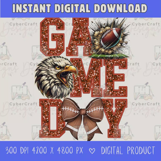 High-resolution Game Day Eagles football PNG digital download with transparent background, orange glitter varsity lettering, football graphic, pirate mascot, football bow, 4200 x 4800 pixels, and 300 DPI for sublimation and printable crafts.