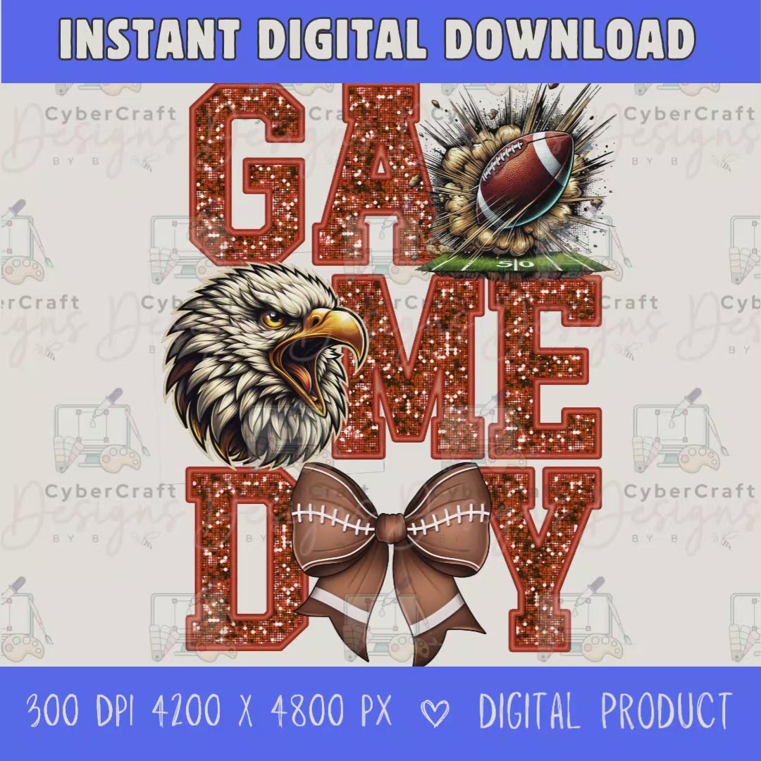 High-resolution Game Day Eagles football PNG digital download with transparent background, orange glitter varsity lettering, football graphic, pirate mascot, football bow, 4200 x 4800 pixels, and 300 DPI for sublimation and printable crafts.