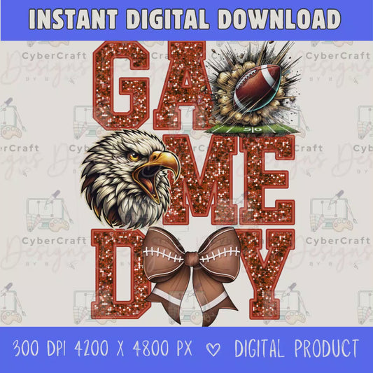 High-resolution Game Day Eagles football PNG digital download with transparent background, orange glitter varsity lettering, football graphic, pirate mascot, football bow, 4200 x 4800 pixels, and 300 DPI for sublimation and printable crafts.