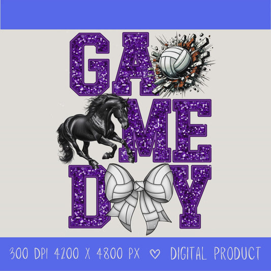 High-resolution Game Day Mustangs volleyball PNG digital download with transparent background, purple glitter varsity lettering, volleyball graphic, mustang mascot, volleyball bow, 4200 x 4800 pixels, and 300 DPI for sublimation and printable crafts.
