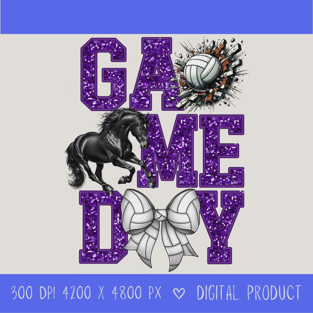 High-resolution Game Day Mustangs volleyball PNG digital download with transparent background, purple glitter varsity lettering, volleyball graphic, mustang mascot, volleyball bow, 4200 x 4800 pixels, and 300 DPI for sublimation and printable crafts.