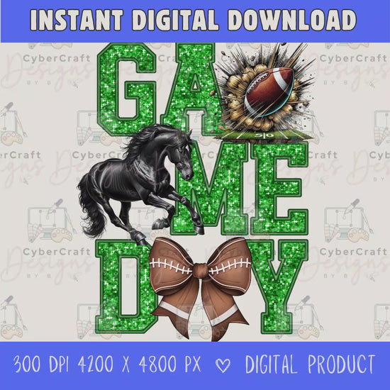 High-resolution Game Day Mustangs football PNG digital download with transparent background, green glitter varsity lettering, football graphic, pirate mascot, football bow, 4200 x 4800 pixels, and 300 DPI for sublimation and printable crafts.