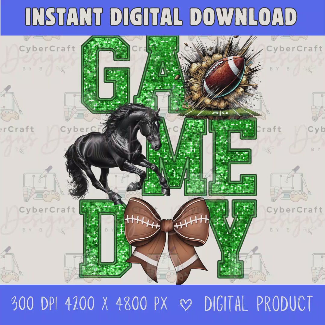 High-resolution Game Day Mustangs football PNG digital download with transparent background, green glitter varsity lettering, football graphic, pirate mascot, football bow, 4200 x 4800 pixels, and 300 DPI for sublimation and printable crafts.