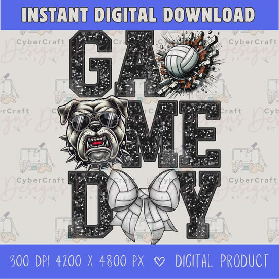 High-resolution Game Day Bulldog  volleyball PNG digital download with transparent background, black glitter varsity lettering, volleyball graphic, bears mascot, volleyball bow, 4200 x 4800 pixels, and 300 DPI for sublimation and printable crafts.