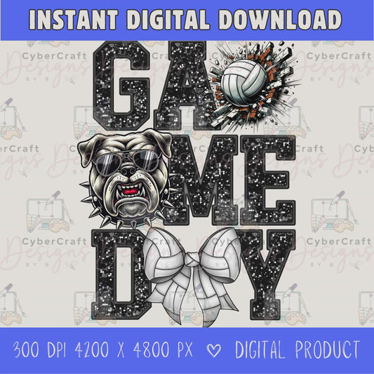 High-resolution Game Day Bulldog  volleyball PNG digital download with transparent background, black glitter varsity lettering, volleyball graphic, bears mascot, volleyball bow, 4200 x 4800 pixels, and 300 DPI for sublimation and printable crafts.